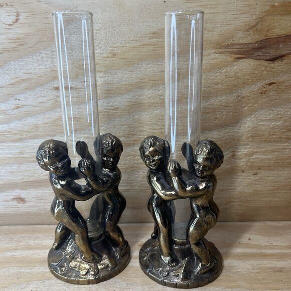 Unbranded Other - Vintage Victorian Style Cherub Bud Vases - Heavy Metal Angel Candle Holders Pair